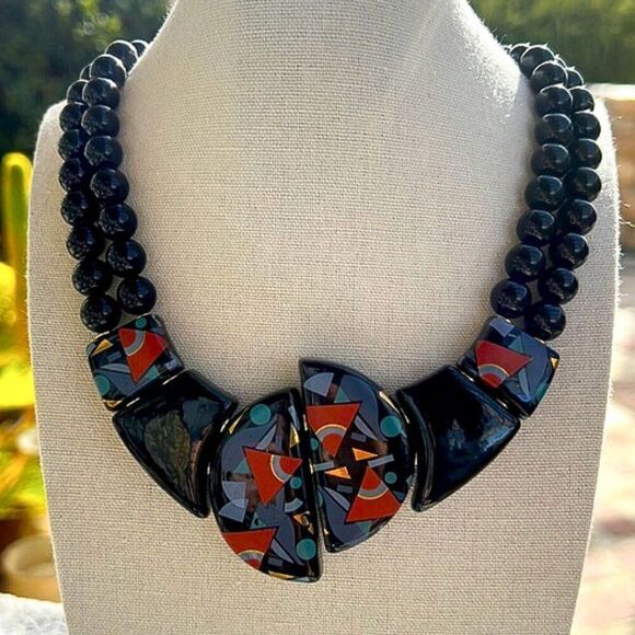 Vintage 80’s Japanese Black Lacquer Geometric Design Necklace - Picture 1 of 9